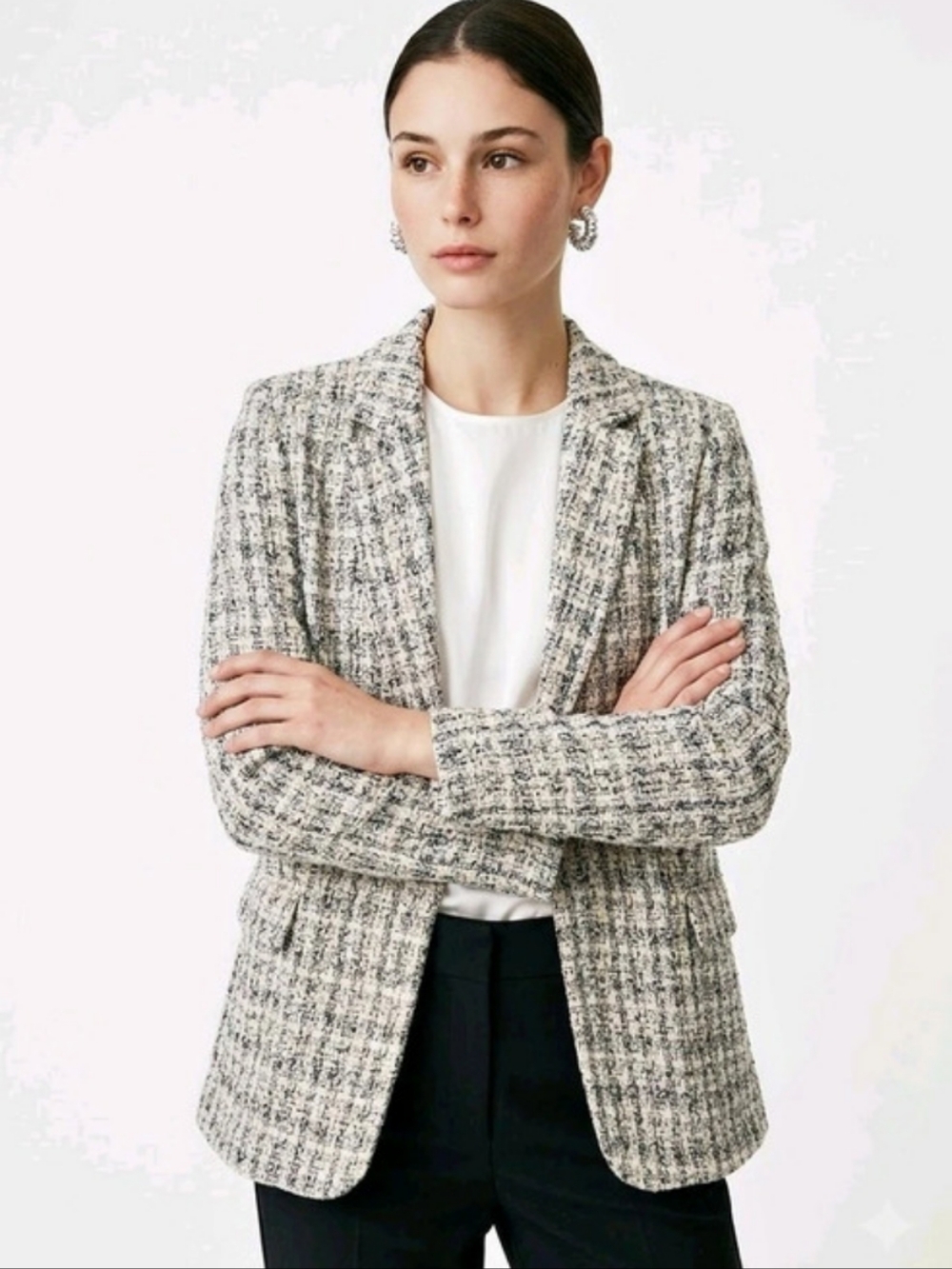 Rachel Zoe Boucle Tweed Blazer Size 4 Black White Cream Tailored Jacket